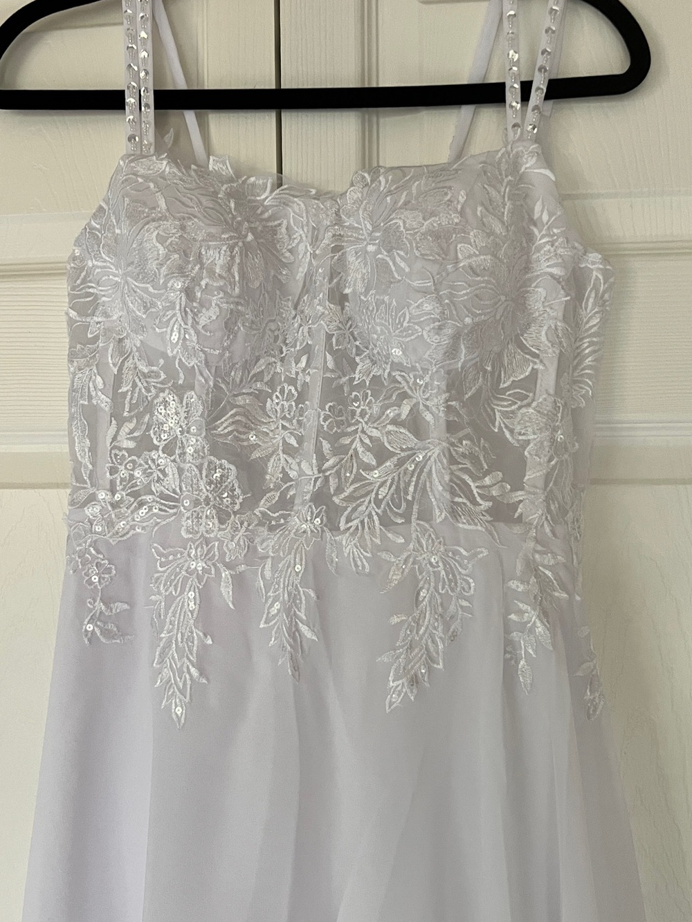 White Beaded Floral Lace Spaghetti Strap Wedding Dress